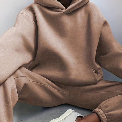 Two-Piece Hooded Set - Soft Polyester Knit Fabric, Drop Shoulder Long Sleeve Hoodie with Pocket, Elastic Waist Jogger Pants for Women, Casual Solid Color Outfit for Fall and Winter Seasons