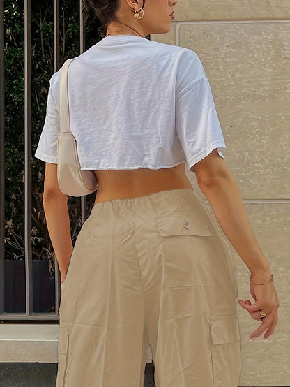 Y2K Loose Drawstring Cargo Pants, Casual Pocket High Waist Solid Wide Leg Fashion Comfy Pants, Women's Clothing