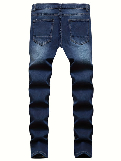 Mid Stretch Slim Fit Ripped Cotton Jeans, Men's Casual Street Style Distressed Denim Pants For Spring Summer