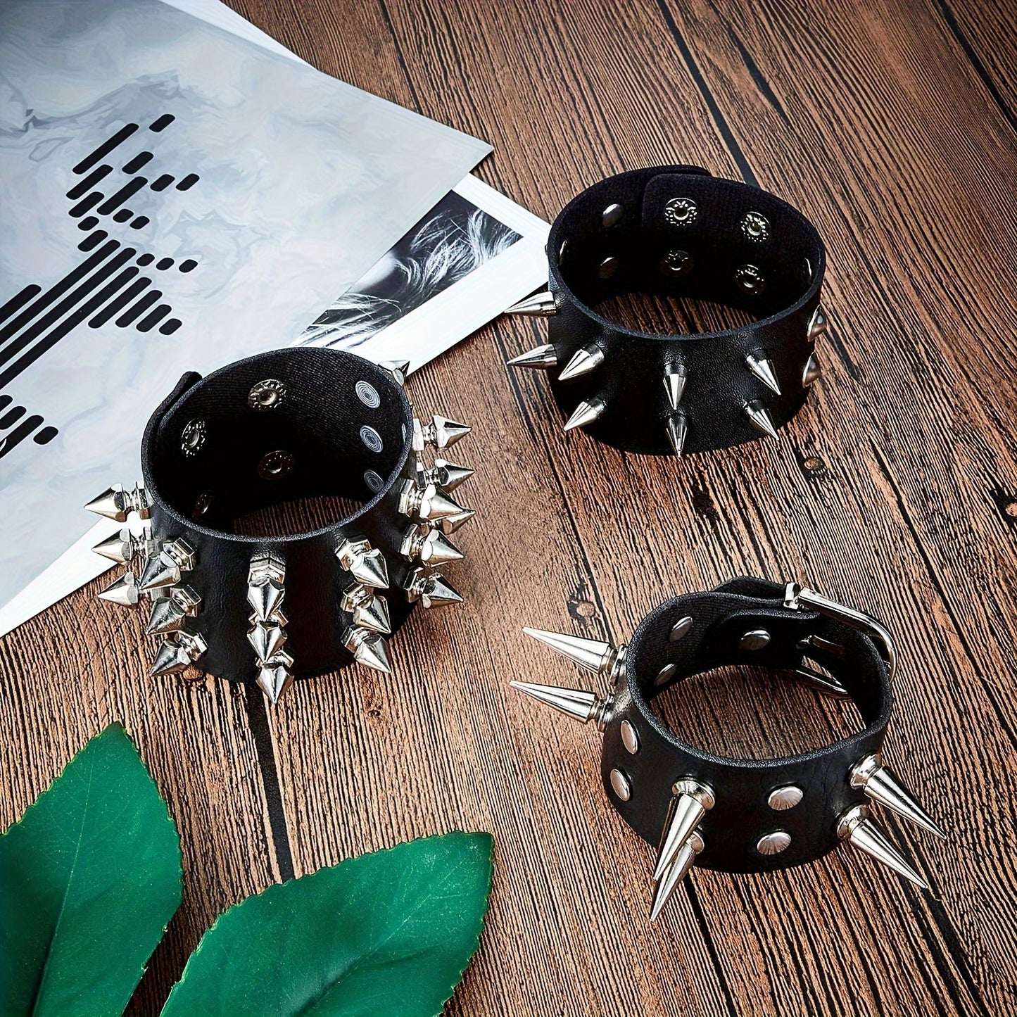 6pcs Punk Gothic Faux Leather Bracelets with Studded Spikes & Rivet Buckles - Adjustable Black Wristbands for Men, 80s Rock Style Party Accessories