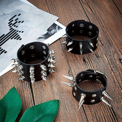 6pcs Punk Gothic Faux Leather Bracelets with Studded Spikes & Rivet Buckles - Adjustable Black Wristbands for Men, 80s Rock Style Party Accessories