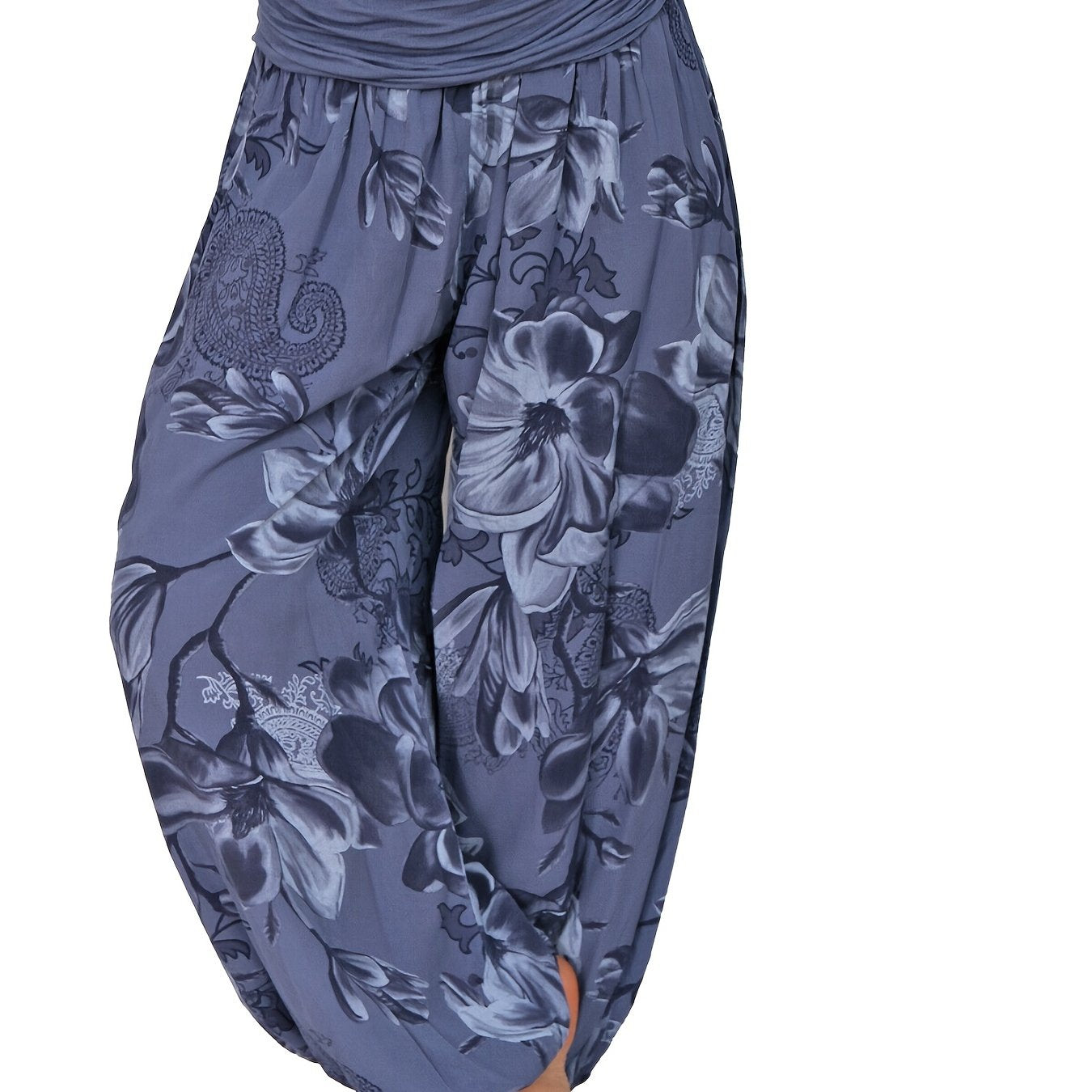 Boho Floral Print Ruched Harem Pants, Casual Bohemian Pants For Spring & Summer, Women's Clothing