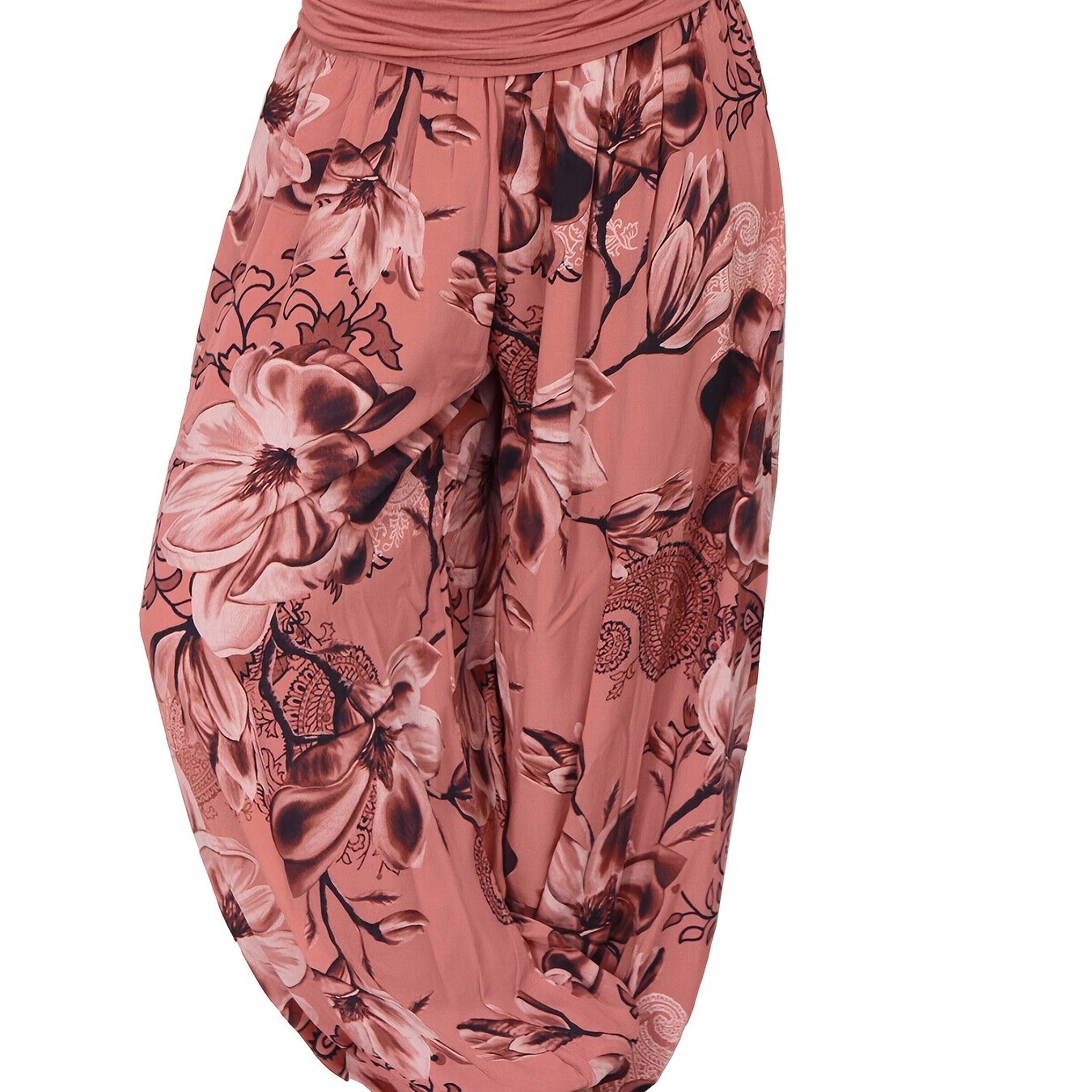 Boho Floral Print Ruched Harem Pants, Casual Bohemian Pants For Spring & Summer, Women's Clothing