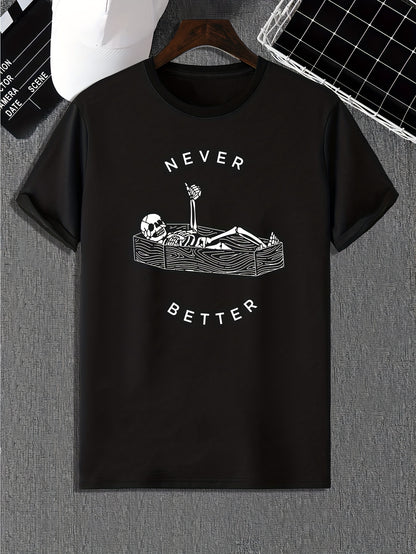 Funny Skeleton Print, Men's Graphic Design Crew Neck Active T-shirt, Casual Comfy Tees Tshirts For Summer, Men's Clothing Tops For Daily Gym Workout Running
