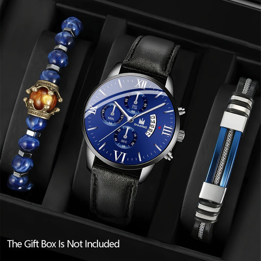 Casual Sports Men's Belt Quartz Watch & 2pcs Bracelets