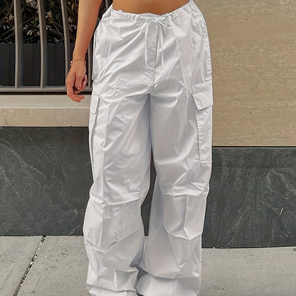 Y2K Loose Drawstring Cargo Pants, Casual Pocket High Waist Solid Wide Leg Fashion Comfy Pants, Women's Clothing