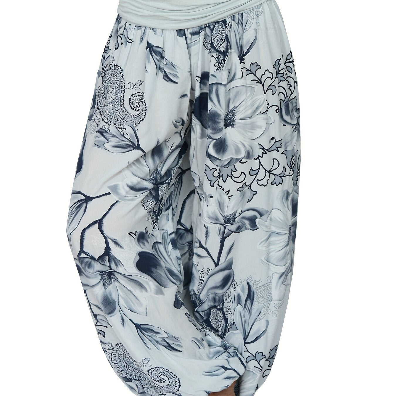 Boho Floral Print Ruched Harem Pants, Casual Bohemian Pants For Spring & Summer, Women's Clothing
