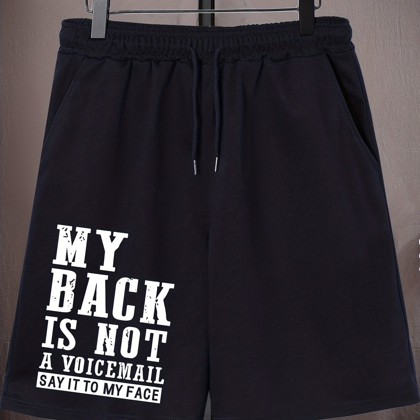 Men's Plus Size Drawstring Shorts - "MY BACK IS NOT A VOICEMAIL" Print, Oversized Black Sports Pants for Big and Tall, Elastic Waistband, Polyester, Casual Style for Spring/Summer, PLUS SIZE