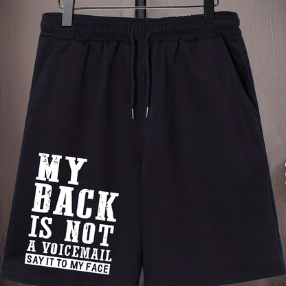 Men's Plus Size Drawstring Shorts - "MY BACK IS NOT A VOICEMAIL" Print, Oversized Black Sports Pants for Big and Tall, Elastic Waistband, Polyester, Casual Style for Spring/Summer, PLUS SIZE