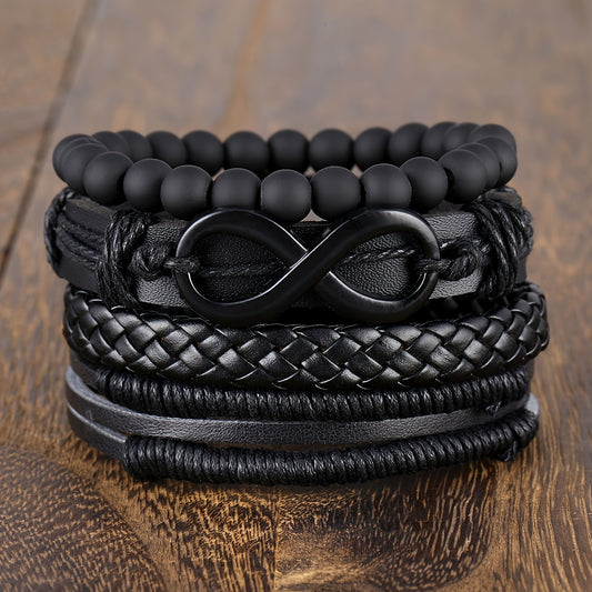 4pcs Möbius Strip Men's PU Leather Bracelets, Beads Multi-Layered Bracelets, Father's Day Gift