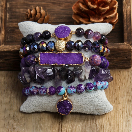 5pcs Bohemian Classic Beaded Bracelet Set, Natural Stone Druzy Gravel Glass, February Birthstone, Elastic Stackable Bracelets for Daily & Vacation Wear, Synthetic Zirconia Accents, All Seasons