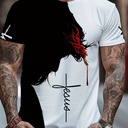 Jesus Print, Men's Graphic Design Crew Neck Novel T-shirt, Casual Comfy Tees Tshirts For Summer, Men's Clothing Tops For Daily Vacation Resorts