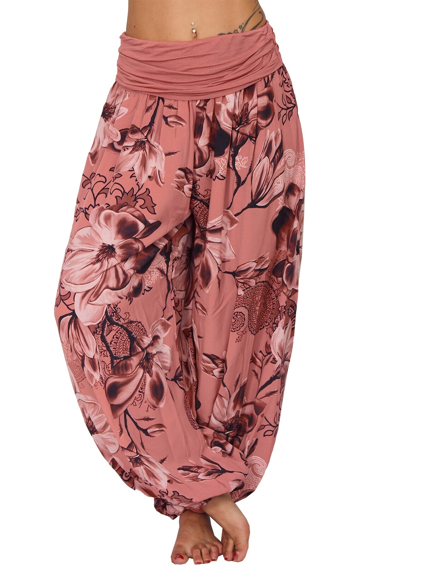 Boho Floral Print Ruched Harem Pants, Casual Bohemian Pants For Spring & Summer, Women's Clothing