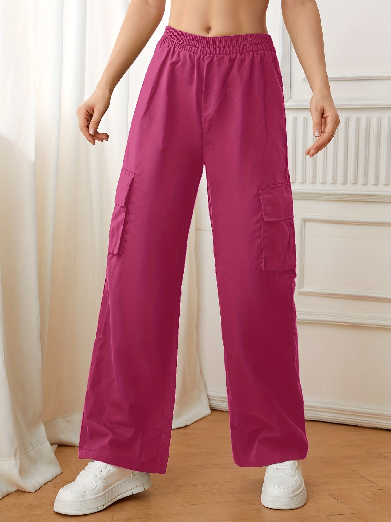 Flap Pockets Straight Leg Cargo Pants, Casual High Waist Pants, Women's Clothing