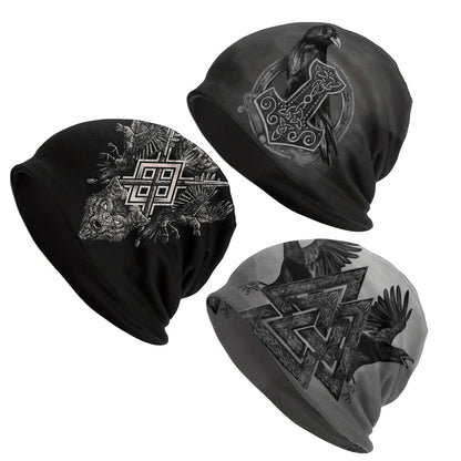 1pc Viking Thin Skullies Beanies Caps Hammer Of Thor Raven Wolf Hat For Unisex Ski Cap.