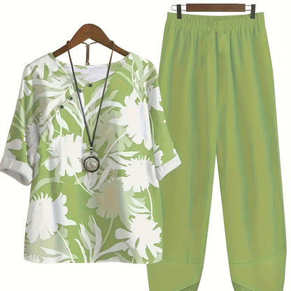 two-piece Women's Plant Print Top and Elastic Waist Pants Outfit - Comfortable and Stylish
