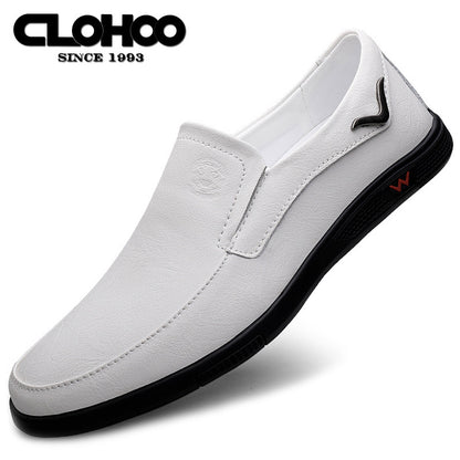CLOHOO Men's Slip-On Casual Shoes - Genuine Leather Upper, Rubber Sole with PU Cushioned Insole, All-Season Comfort for Business & Vacation, Brown/Black, Casual Footwear | Classic Slipon | Rubber Sole Footwear