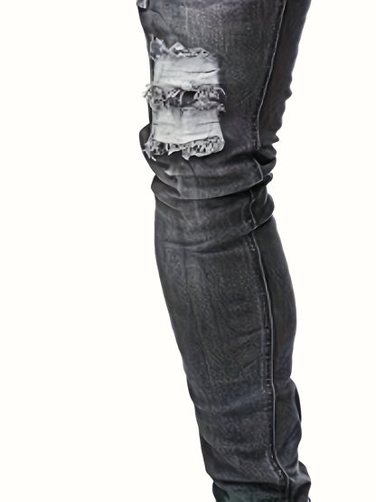 Mid Stretch Slim Fit Ripped Cotton Jeans, Men's Casual Street Style Distressed Denim Pants For Spring Summer
