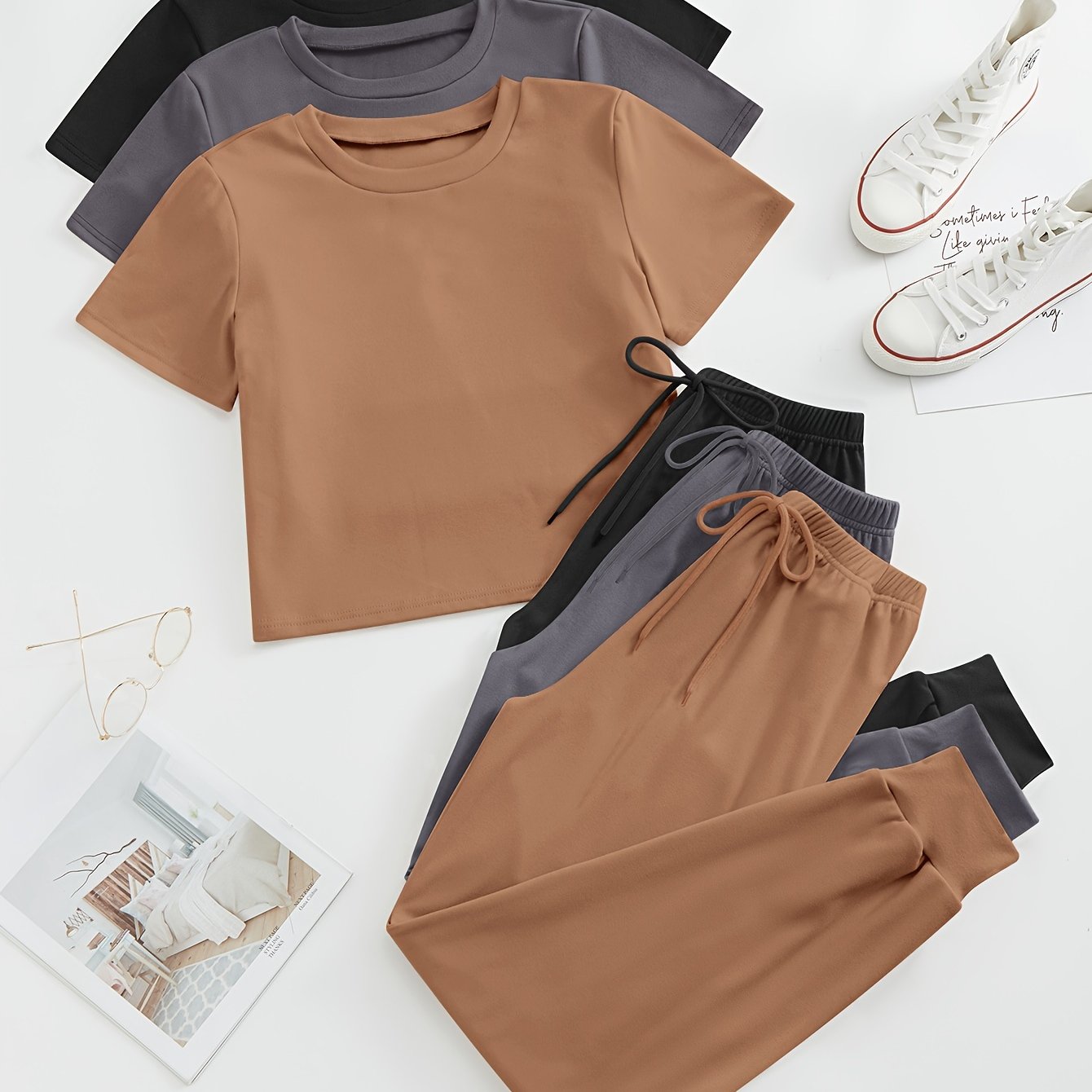 3 Sets Simple Solid Lounge Set, Crew Neck Short Sleeve Top & Lace Up Pants, Women's Loungewear & Sleepwear