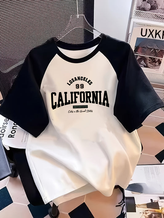 Girls' Summer Short Sleeve T-Shirt - Black & White Contrast Raglan Sleeves with Los Angeles California Graphic Print, Loose Fit Casual Top for Teens & Youngsters, Breathable Knit Fabric, Machine Washable, Girls Tshirts, Teen