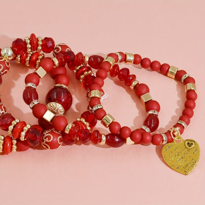 4pcs Heart Charm Beaded Bracelets - Unique Gift for Family, Friends, Boyfriends, Girlfriends, Perfect for Holiday, Birthday, Anniversary, and Romantic Occasions
