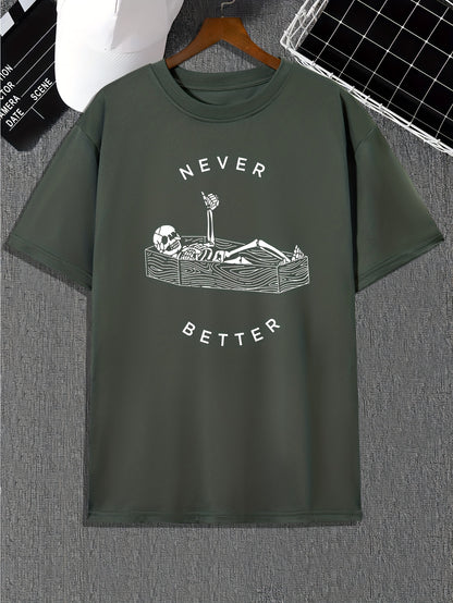 Funny Skeleton Print, Men's Graphic Design Crew Neck Active T-shirt, Casual Comfy Tees Tshirts For Summer, Men's Clothing Tops For Daily Gym Workout Running