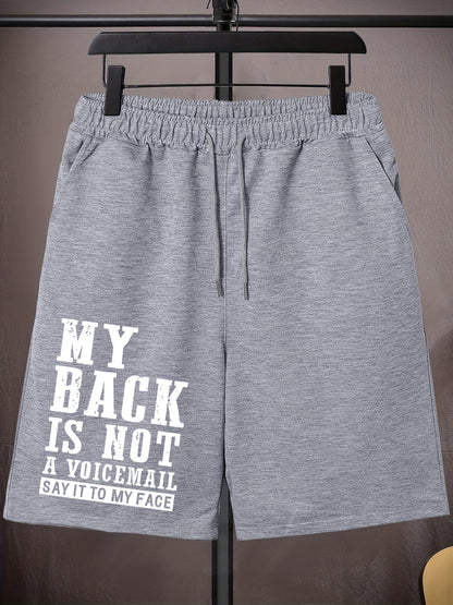 Men's Plus Size Drawstring Shorts - "MY BACK IS NOT A VOICEMAIL" Print, Oversized Black Sports Pants for Big and Tall, Elastic Waistband, Polyester, Casual Style for Spring/Summer, PLUS SIZE