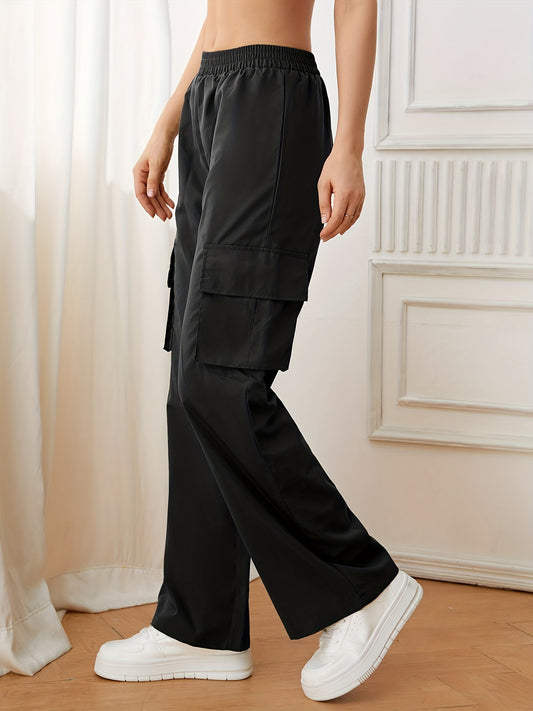 Flap Pockets Straight Leg Cargo Pants, Casual High Waist Pants, Women's Clothing