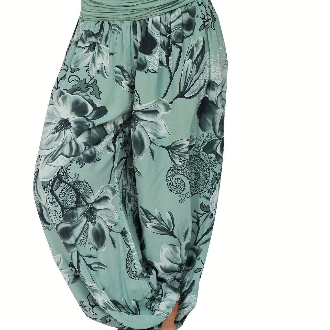 Boho Floral Print Ruched Harem Pants, Casual Bohemian Pants For Spring & Summer, Women's Clothing