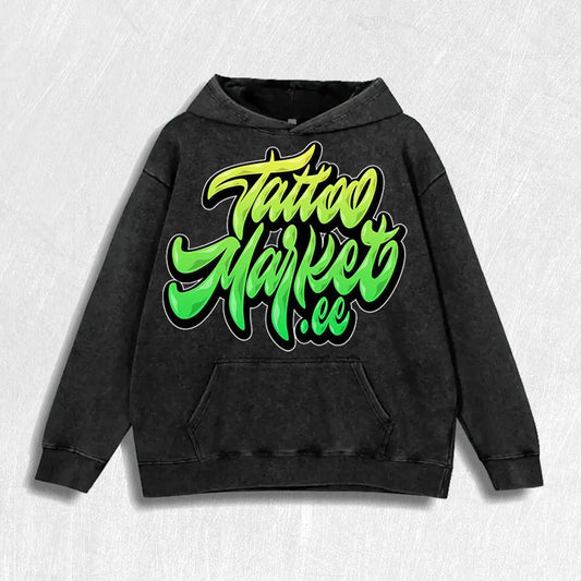 Tattoo Market .ee Script Graphic Vintage Washed Hoodie, 100% Cotton, 6 Colors, US Warehouse