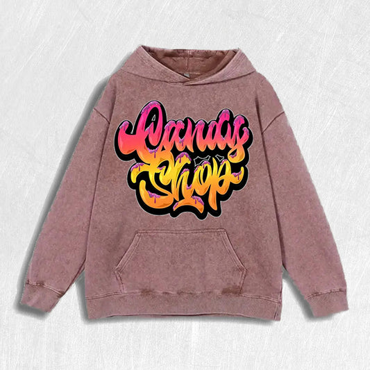 Candy Shop Graphic Vintage Washed 100% Cotton Hoodie, 6 Colors, US Warehouse