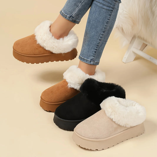 Women's Winter Snow Boots with Plush Toe New Solid Color Thick-Soled Slip-On Design Retro Style for Autumn