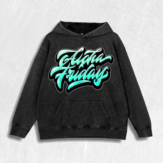 Alpha Fridays Script Graphic Vintage Washed Hoodie, 100% Cotton, 6 Colors, US Warehouse