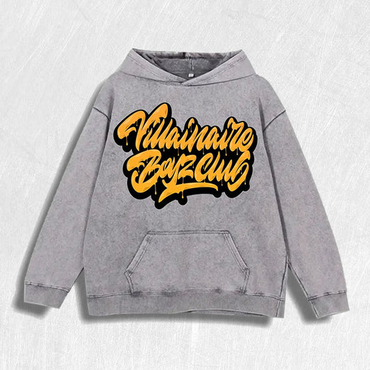 Villainaire Boyz Club Script Graphic Vintage Washed Hoodie, 100% Cotton, 6 Colors, US Warehouse
