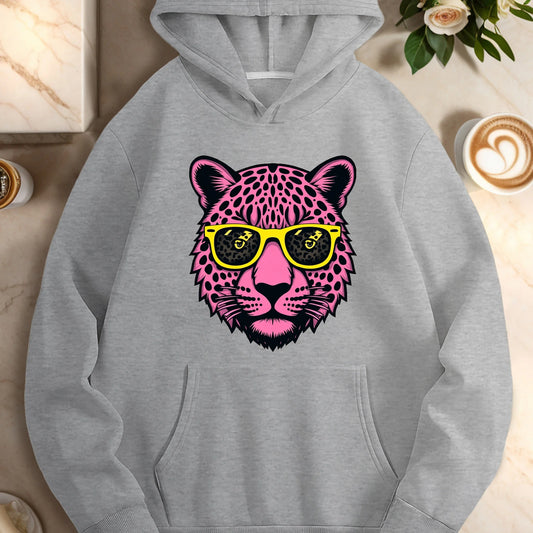 Sunglasses Stylized pink leopard head  women's casual hoodies