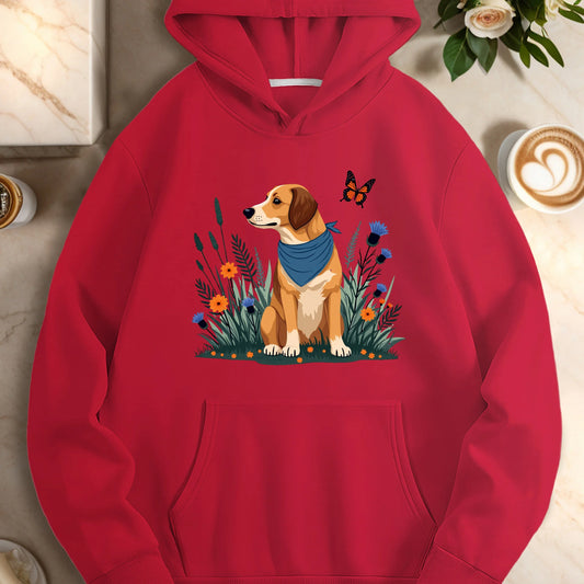 dog with plants and flowers  women's casual hoodies