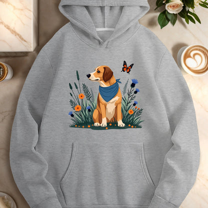 dog with plants and flowers  women's casual hoodies