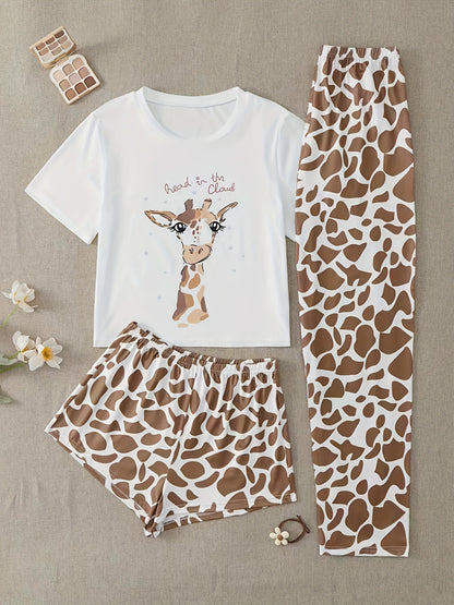 Giraffe Print Pajama Set - Short Sleeve Crew Neck Top & Leopard Shorts or Pants - Soft, Stylish Womens Sleepwear & Loungewear for Nighttime Chic and Casual Comfort