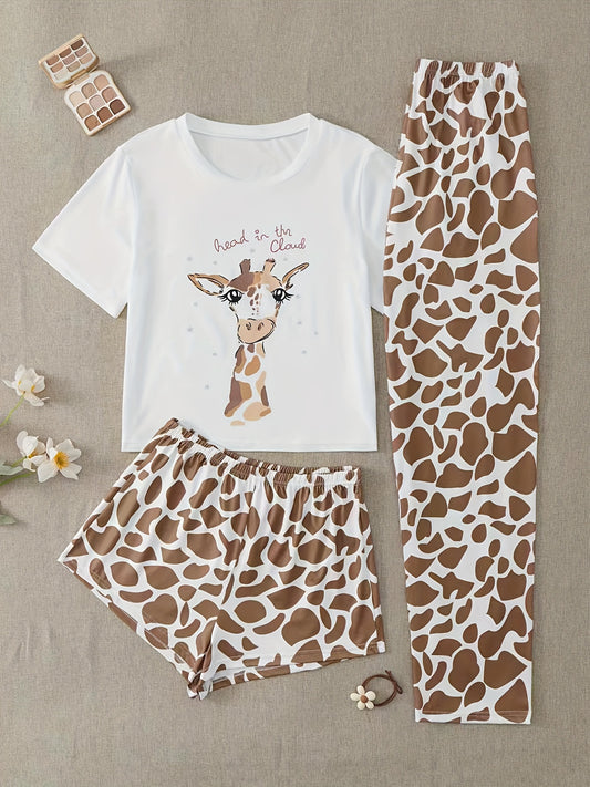 Giraffe Print Pajama Set - Short Sleeve Crew Neck Top & Leopard Shorts or Pants - Soft, Stylish Womens Sleepwear & Loungewear for Nighttime Chic and Casual Comfort