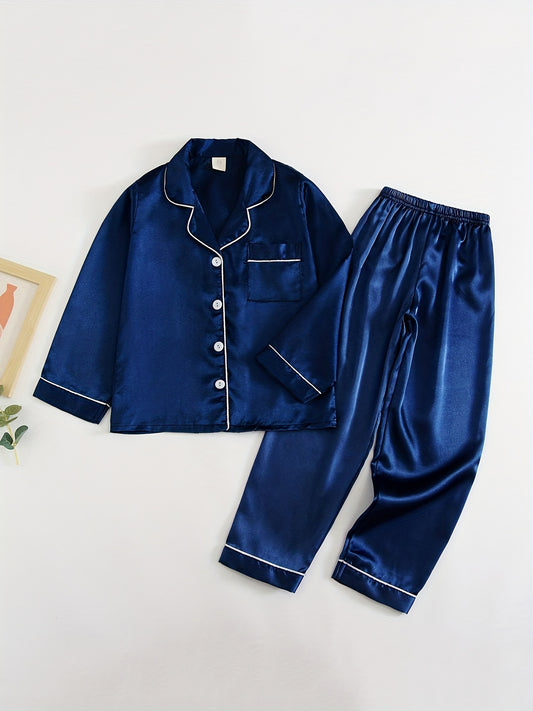 2pcs 2-Piece Boys & Girls Long Sleeve Button-Up Shirt & Pants Pajama Set