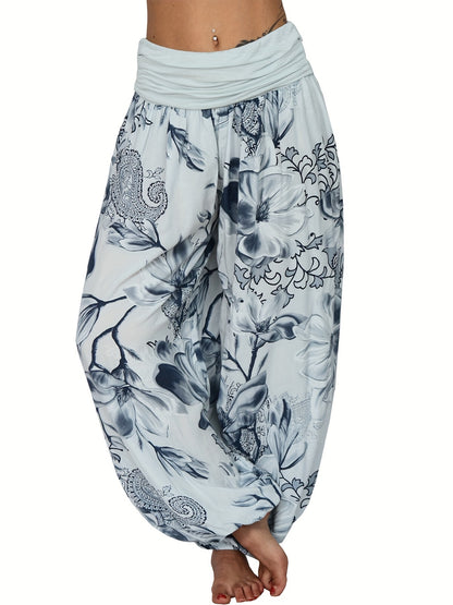Boho Floral Print Ruched Harem Pants, Casual Bohemian Pants For Spring & Summer, Women's Clothing