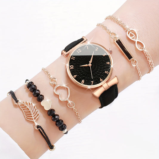 6pcs/set Women's Watch Casual Round Pointer Quartz Watch Analog PU Leather Wrist Watch & Heart Leaf Bracelets, Gift For Mom Her