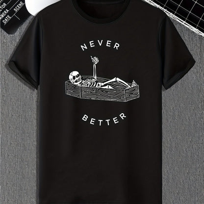 Funny Skeleton Print, Men's Graphic Design Crew Neck Active T-shirt, Casual Comfy Tees Tshirts For Summer, Men's Clothing Tops For Daily Gym Workout Running