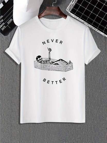 Funny Skeleton Print, Men's Graphic Design Crew Neck Active T-shirt, Casual Comfy Tees Tshirts For Summer, Men's Clothing Tops For Daily Gym Workout Running