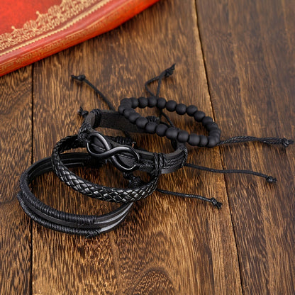 4pcs Möbius Strip Men's PU Leather Bracelets, Beads Multi-Layered Bracelets, Father's Day Gift