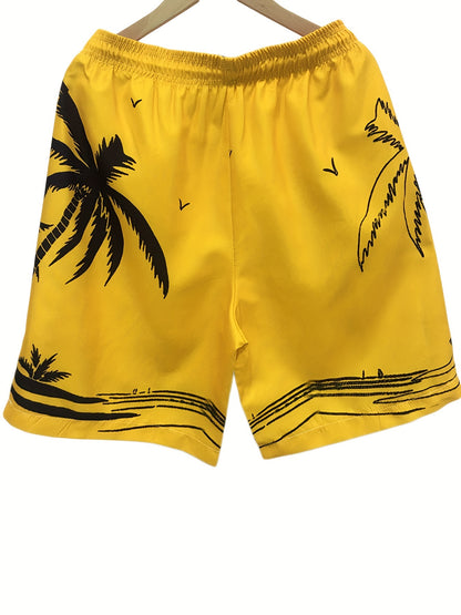 Quick Drying Mesh Lining Comfortable Breathable Palm Tree Pattern Drawstring Swim Trunks With 2 Pockets, Men's Pants Swimwear For Summer Vacation Resort Beach Pool