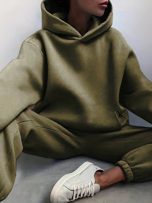 Two-Piece Hooded Set - Soft Polyester Knit Fabric, Drop Shoulder Long Sleeve Hoodie with Pocket, Elastic Waist Jogger Pants for Women, Casual Solid Color Outfit for Fall and Winter Seasons