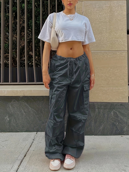 Y2K Loose Drawstring Cargo Pants, Casual Pocket High Waist Solid Wide Leg Fashion Comfy Pants, Women's Clothing