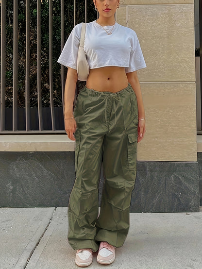 Y2K Loose Drawstring Cargo Pants, Casual Pocket High Waist Solid Wide Leg Fashion Comfy Pants, Women's Clothing