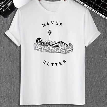 Funny Skeleton Print, Men's Graphic Design Crew Neck Active T-shirt, Casual Comfy Tees Tshirts For Summer, Men's Clothing Tops For Daily Gym Workout Running